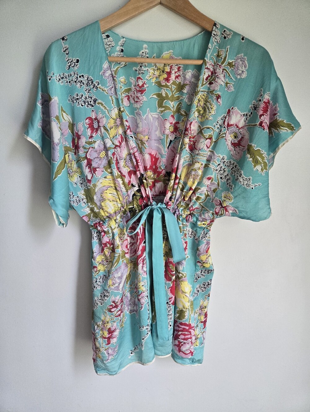 Vintage Kimono Floral Silky Tie-Front Top in Aqua